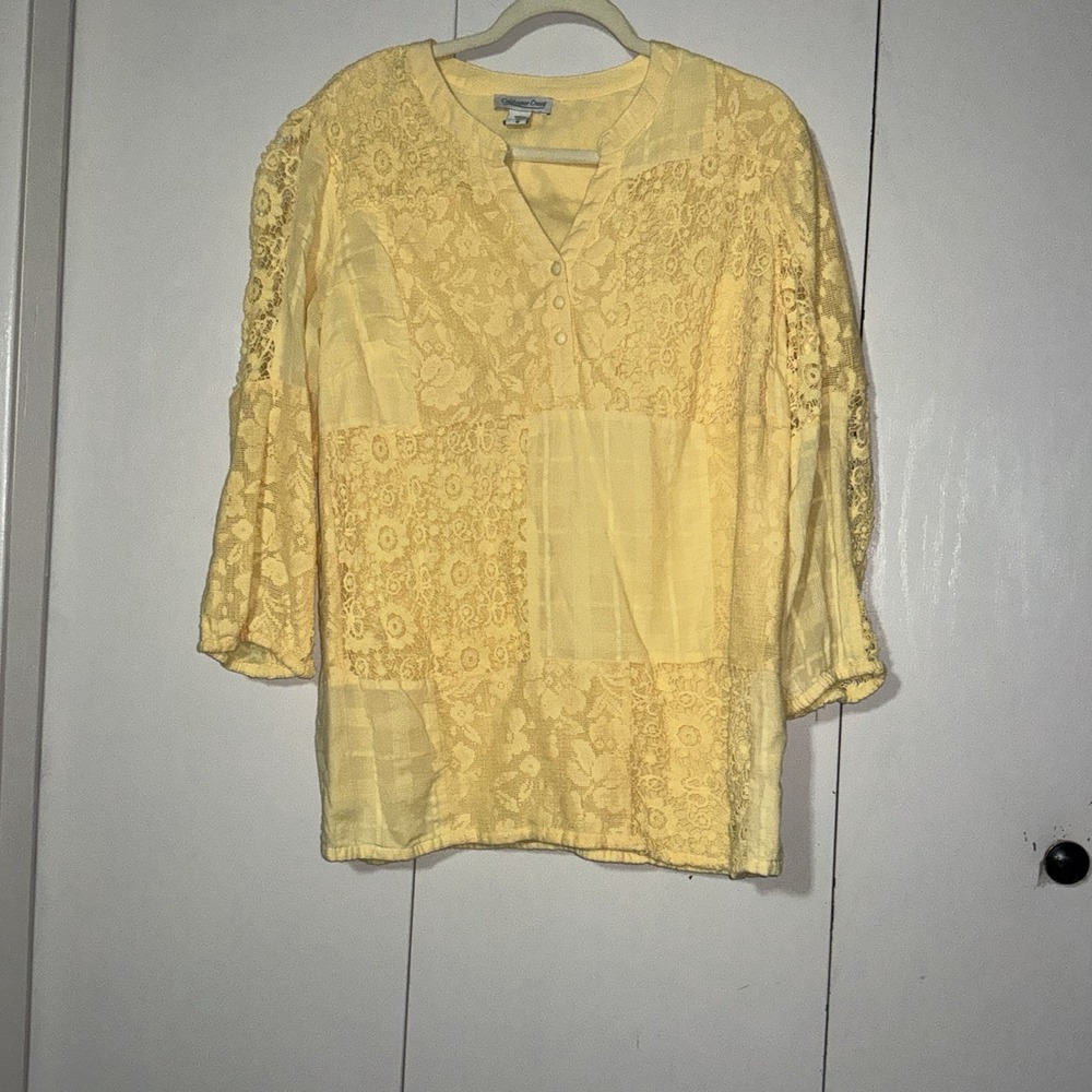 Coldwater Creek Yellow Patchwork Style Tunic Blouse M 20 X 24